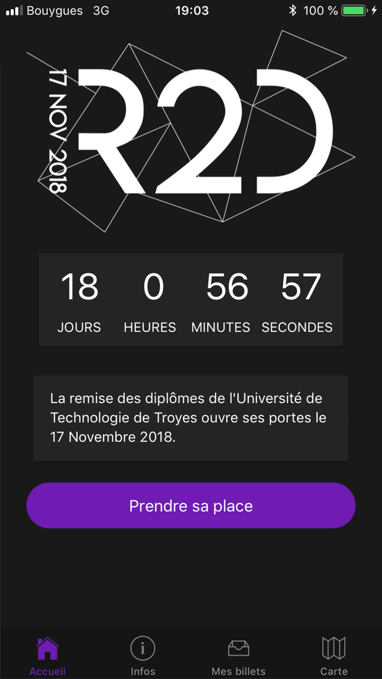 Billetterie BDE — accueil, compte à rebours de l'événement R2D