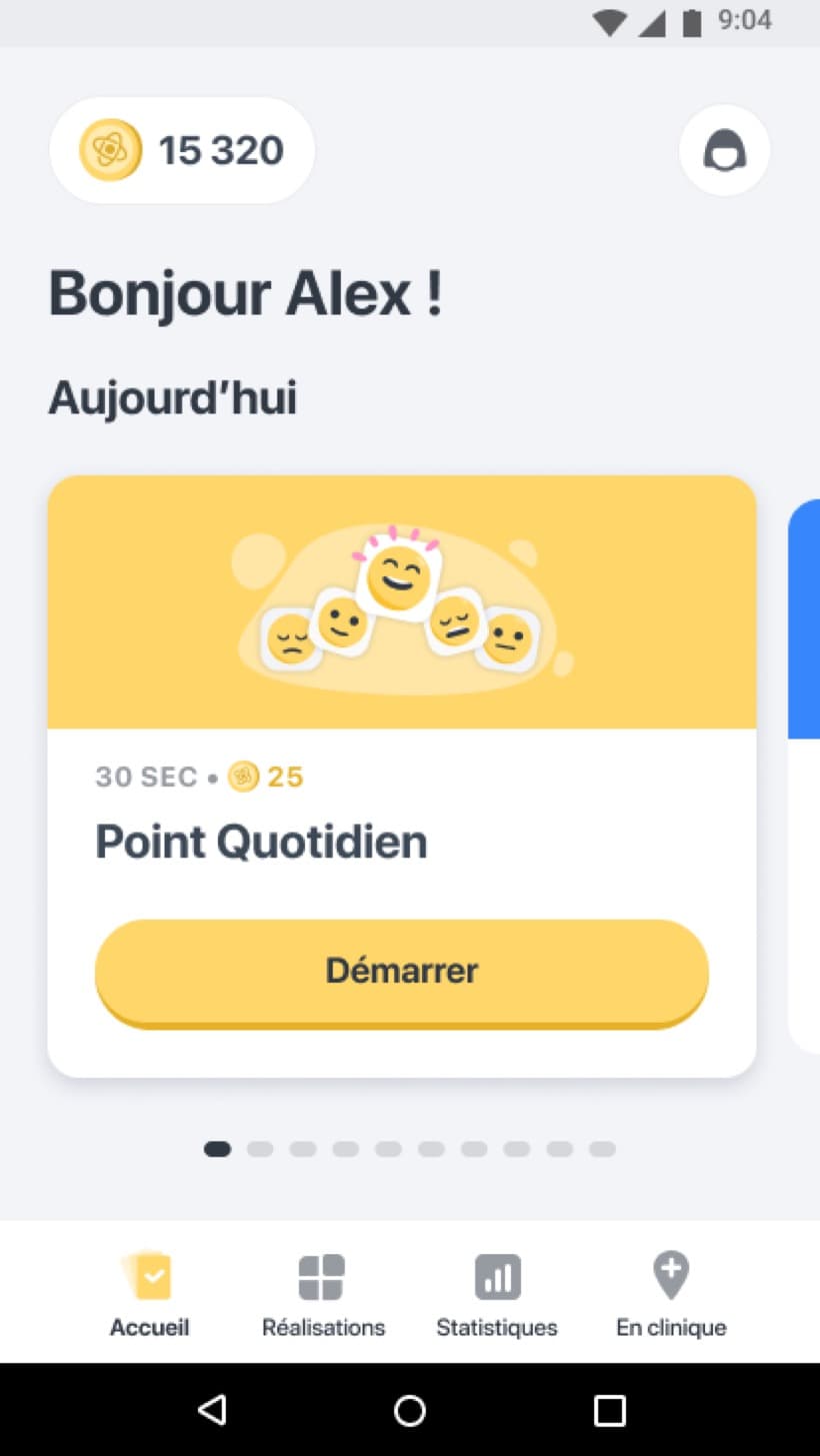 Konectom — auto-évaluation clinique (écran 1)